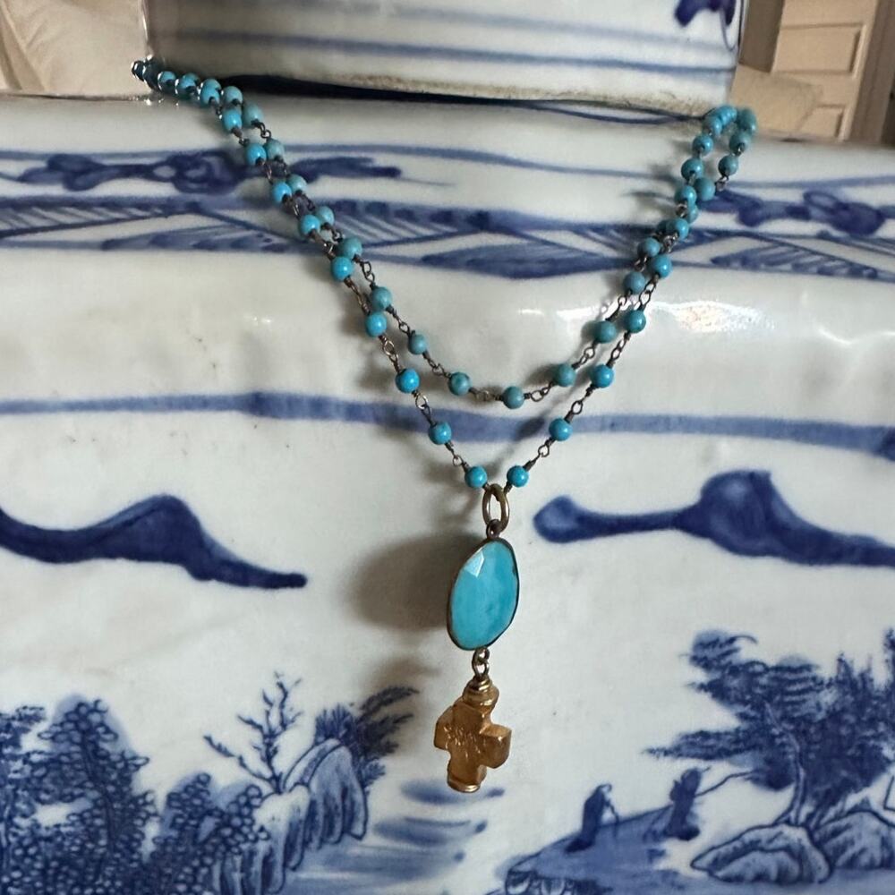 Grace George Turquoise Beaded Double Strand Necklace | Blue Stone Pendant Cross
